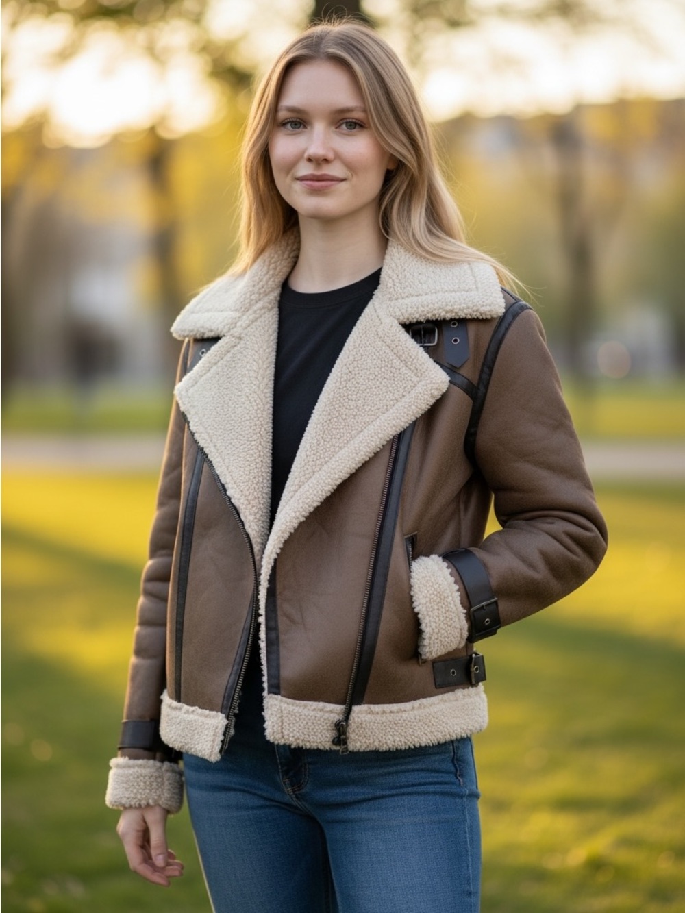 Women’s Brown Shearling AviatorJacket with Cream Lining